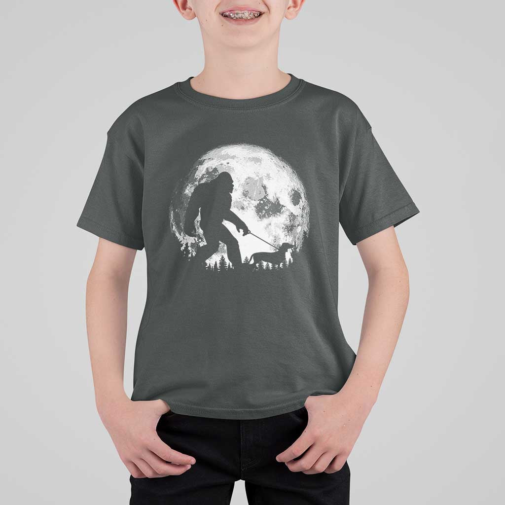 Bigfoot Walking Dachshund T Shirt For Kid Funny Doxie Wiener Sasquatch Night Stroll Full Moon - Wonder Print Shop
