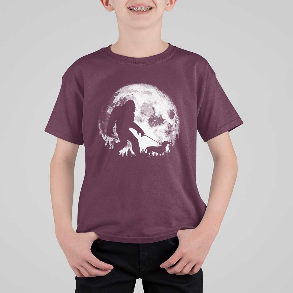 Bigfoot Walking Dachshund T Shirt For Kid Funny Doxie Wiener Sasquatch Night Stroll Full Moon - Wonder Print Shop