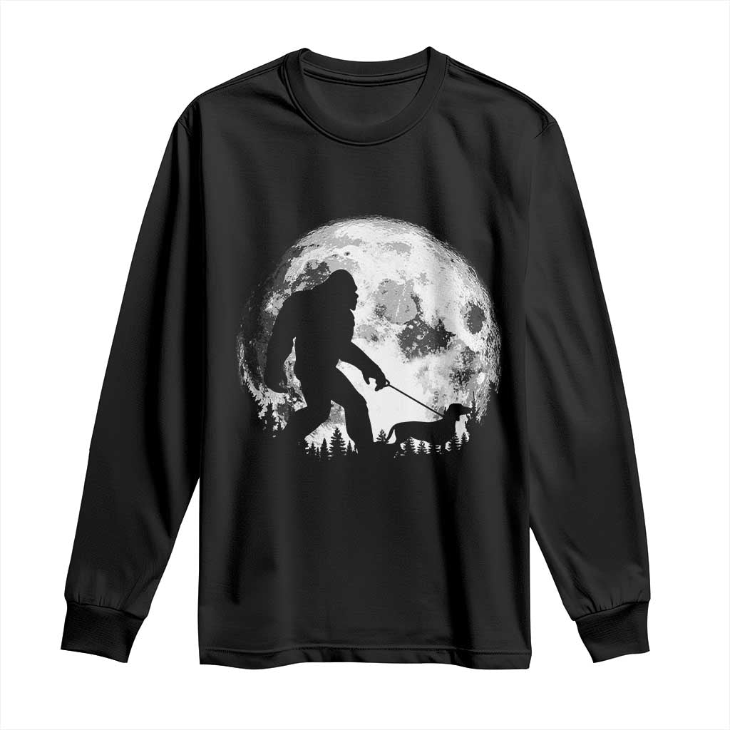 Bigfoot Walking Dachshund Long Sleeve Shirt Funny Doxie Wiener Sasquatch Night Stroll Full Moon - Wonder Print Shop