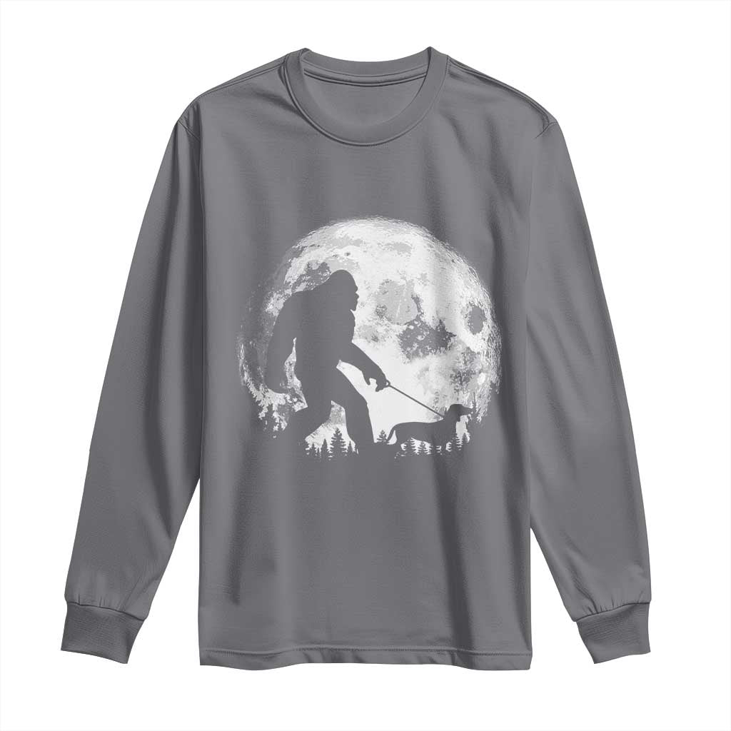 Bigfoot Walking Dachshund Long Sleeve Shirt Funny Doxie Wiener Sasquatch Night Stroll Full Moon - Wonder Print Shop