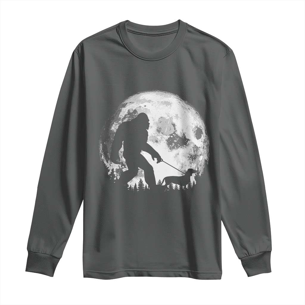 Bigfoot Walking Dachshund Long Sleeve Shirt Funny Doxie Wiener Sasquatch Night Stroll Full Moon - Wonder Print Shop