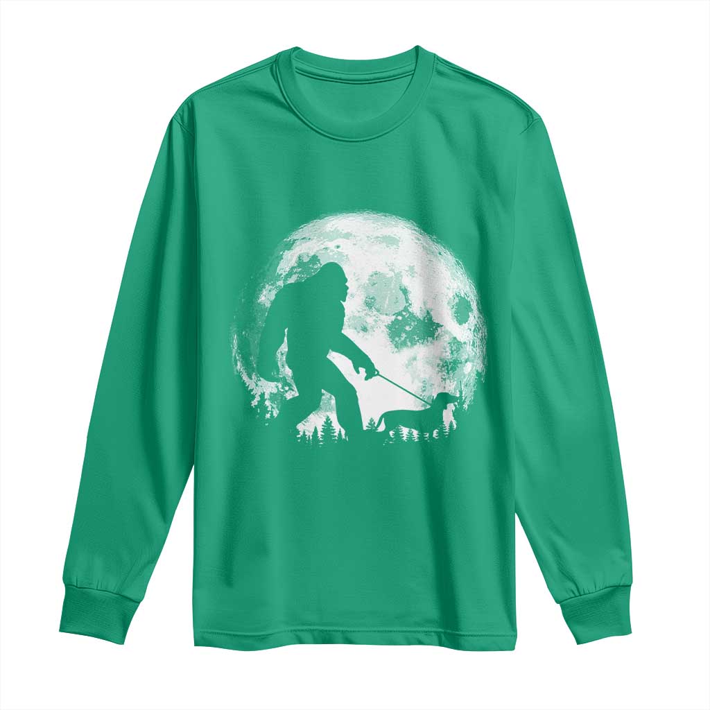 Bigfoot Walking Dachshund Long Sleeve Shirt Funny Doxie Wiener Sasquatch Night Stroll Full Moon - Wonder Print Shop