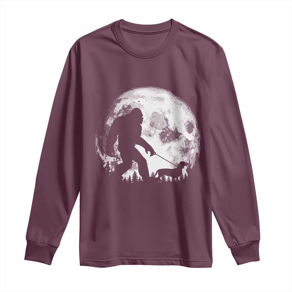 Bigfoot Walking Dachshund Long Sleeve Shirt Funny Doxie Wiener Sasquatch Night Stroll Full Moon - Wonder Print Shop