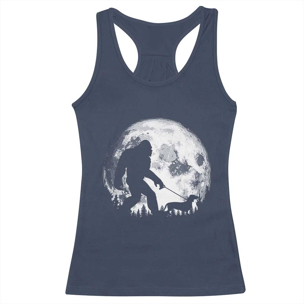 Bigfoot Walking Dachshund Racerback Tank Top Funny Doxie Wiener Sasquatch Night Stroll Full Moon - Wonder Print Shop