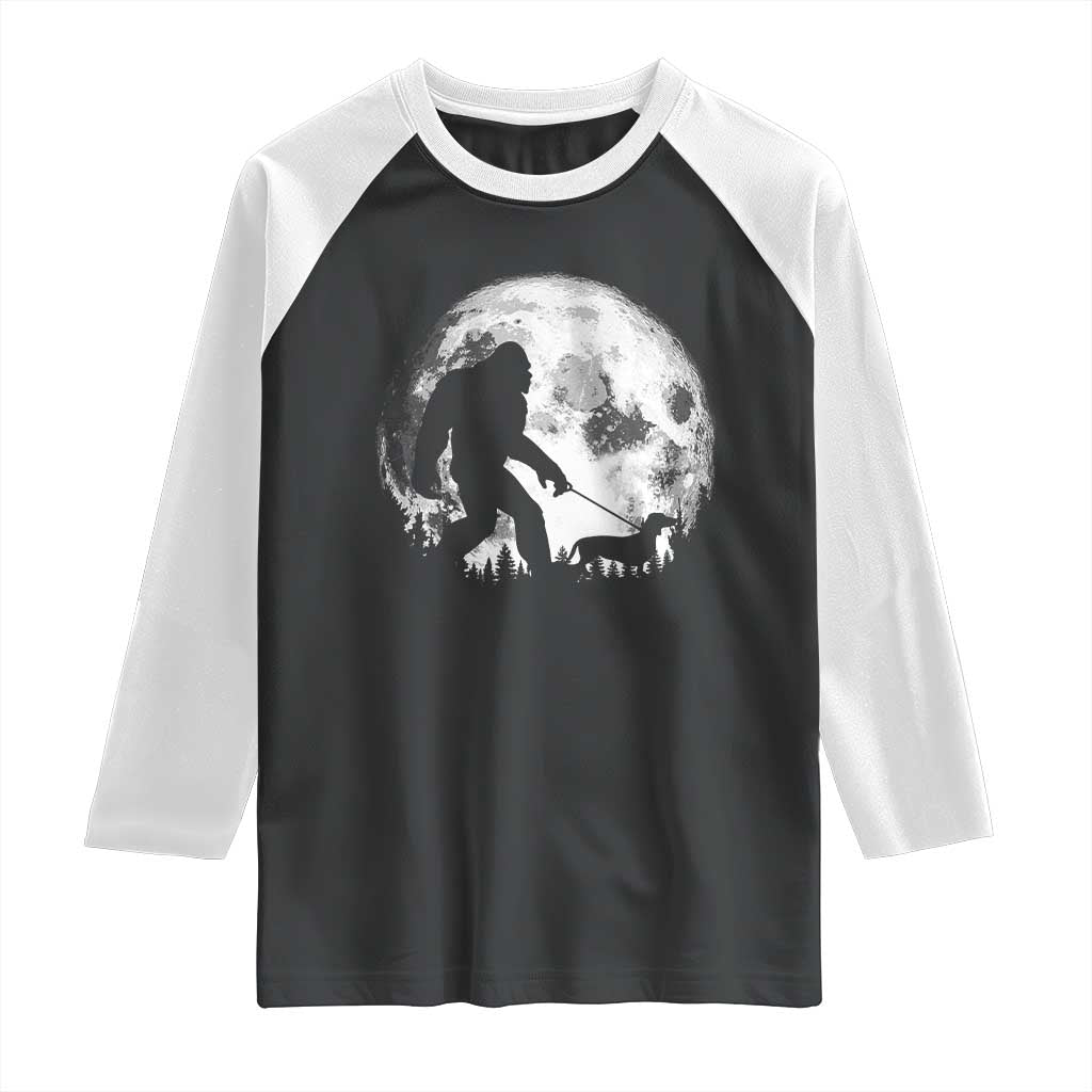 Bigfoot Walking Dachshund Raglan Shirt Funny Doxie Wiener Sasquatch Night Stroll Full Moon - Wonder Print Shop
