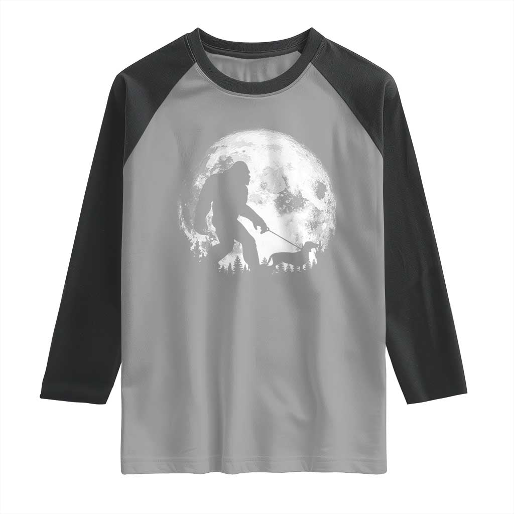 Bigfoot Walking Dachshund Raglan Shirt Funny Doxie Wiener Sasquatch Night Stroll Full Moon - Wonder Print Shop