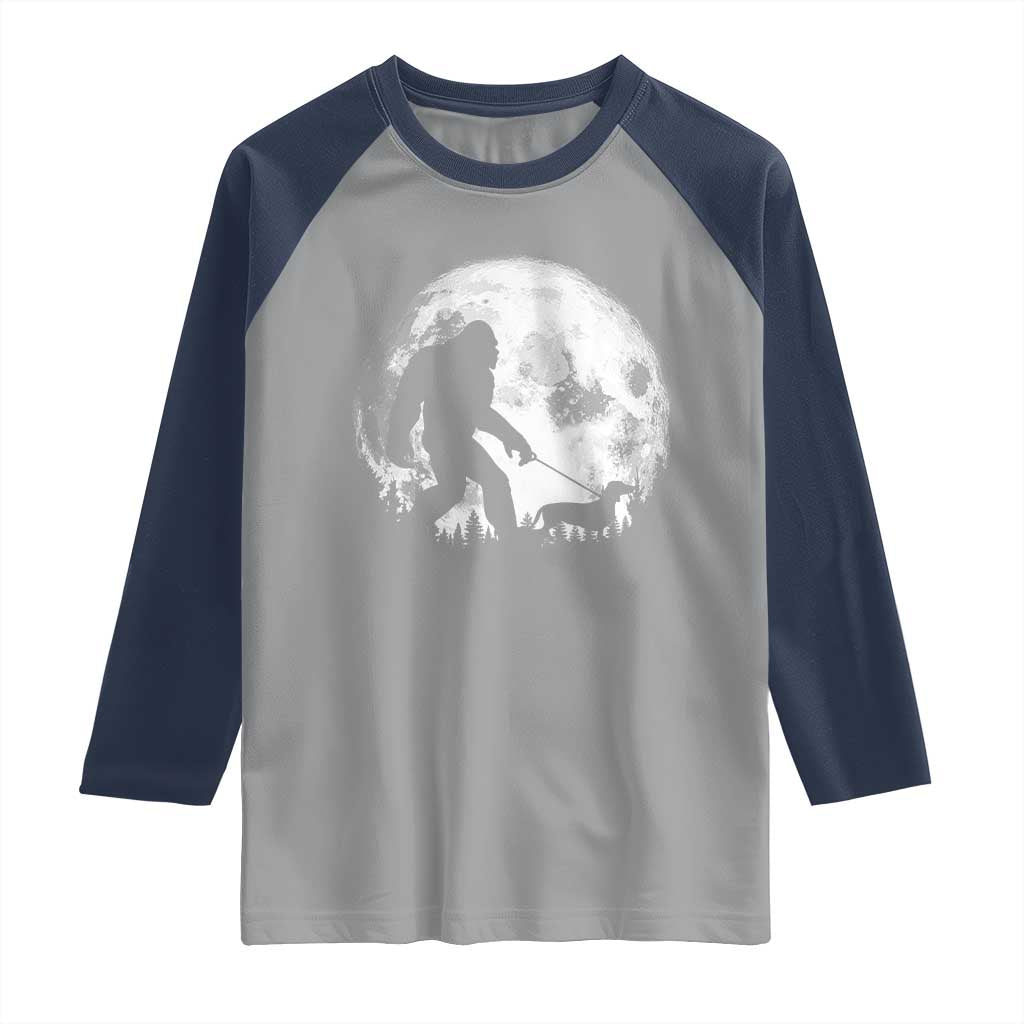 Bigfoot Walking Dachshund Raglan Shirt Funny Doxie Wiener Sasquatch Night Stroll Full Moon - Wonder Print Shop