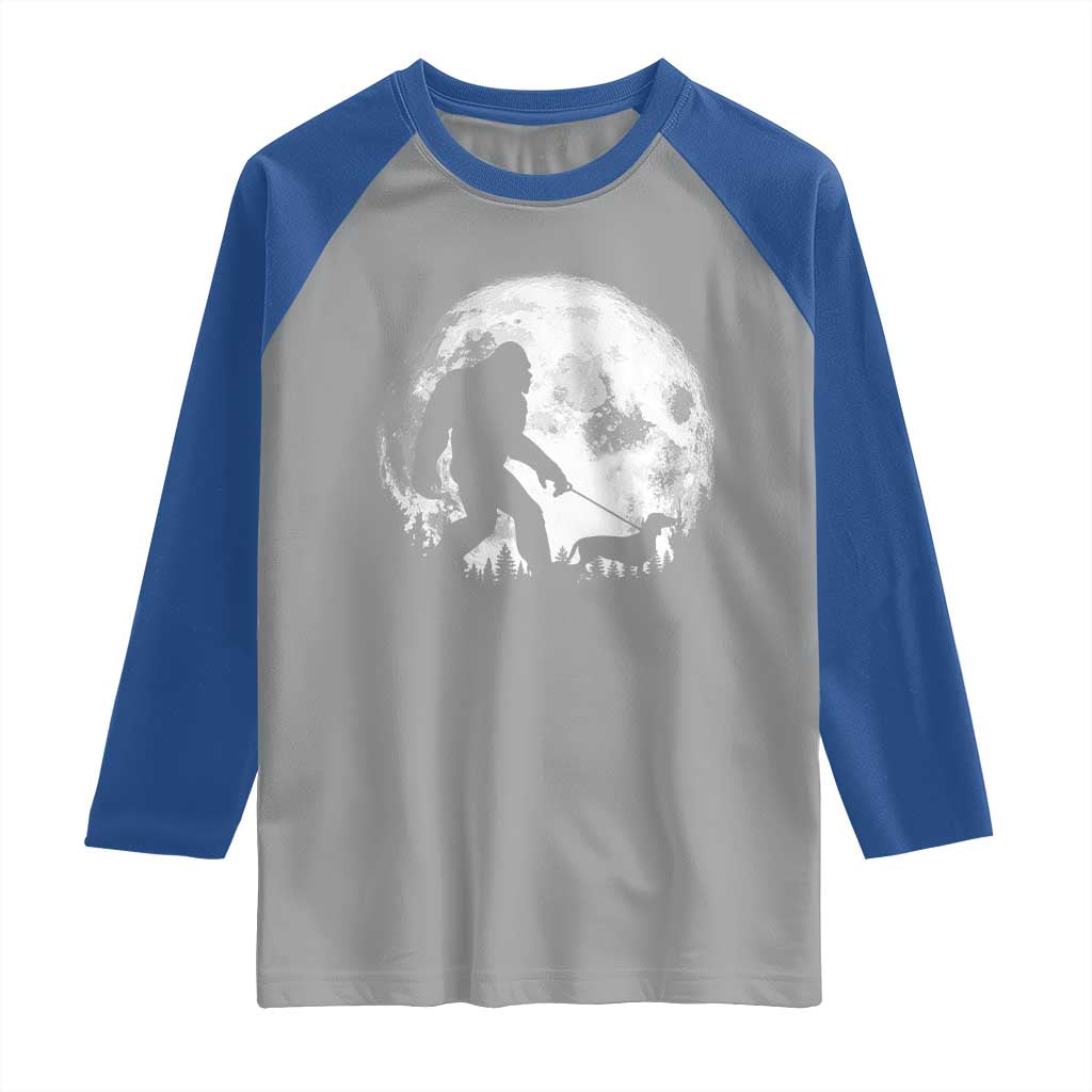 Bigfoot Walking Dachshund Raglan Shirt Funny Doxie Wiener Sasquatch Night Stroll Full Moon - Wonder Print Shop