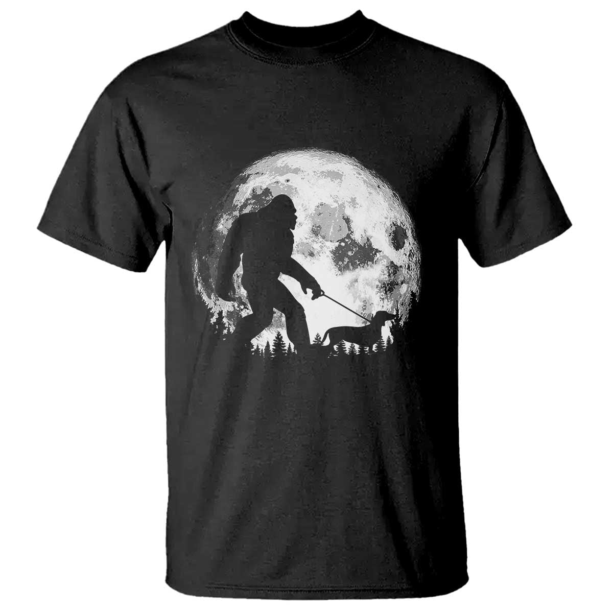 Bigfoot Walking Dachshund T Shirt Funny Doxie Wiener Sasquatch Night Stroll Full Moon - Wonder Print Shop