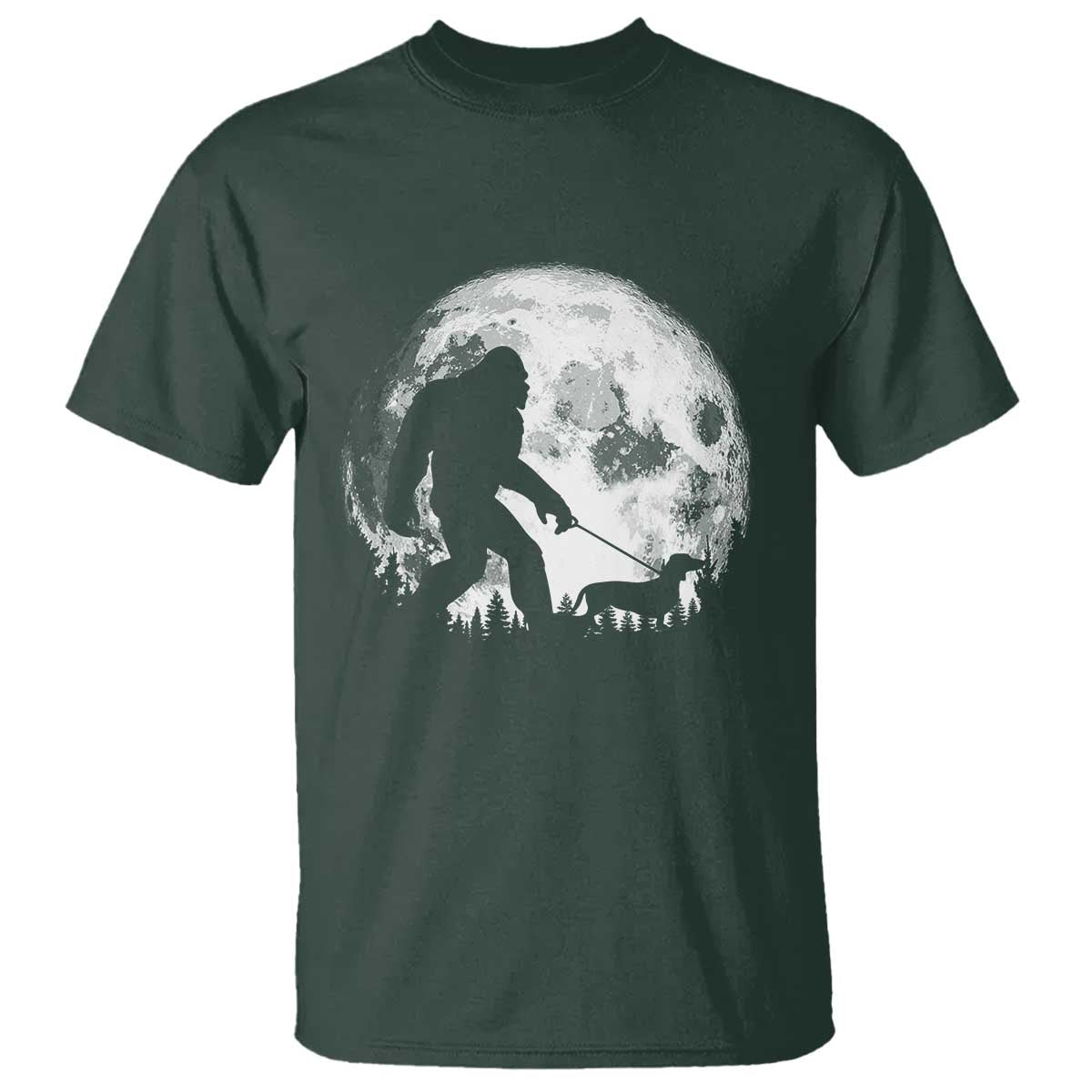 Bigfoot Walking Dachshund T Shirt Funny Doxie Wiener Sasquatch Night Stroll Full Moon - Wonder Print Shop