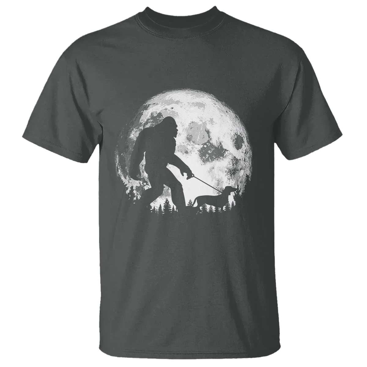 Bigfoot Walking Dachshund T Shirt Funny Doxie Wiener Sasquatch Night Stroll Full Moon - Wonder Print Shop