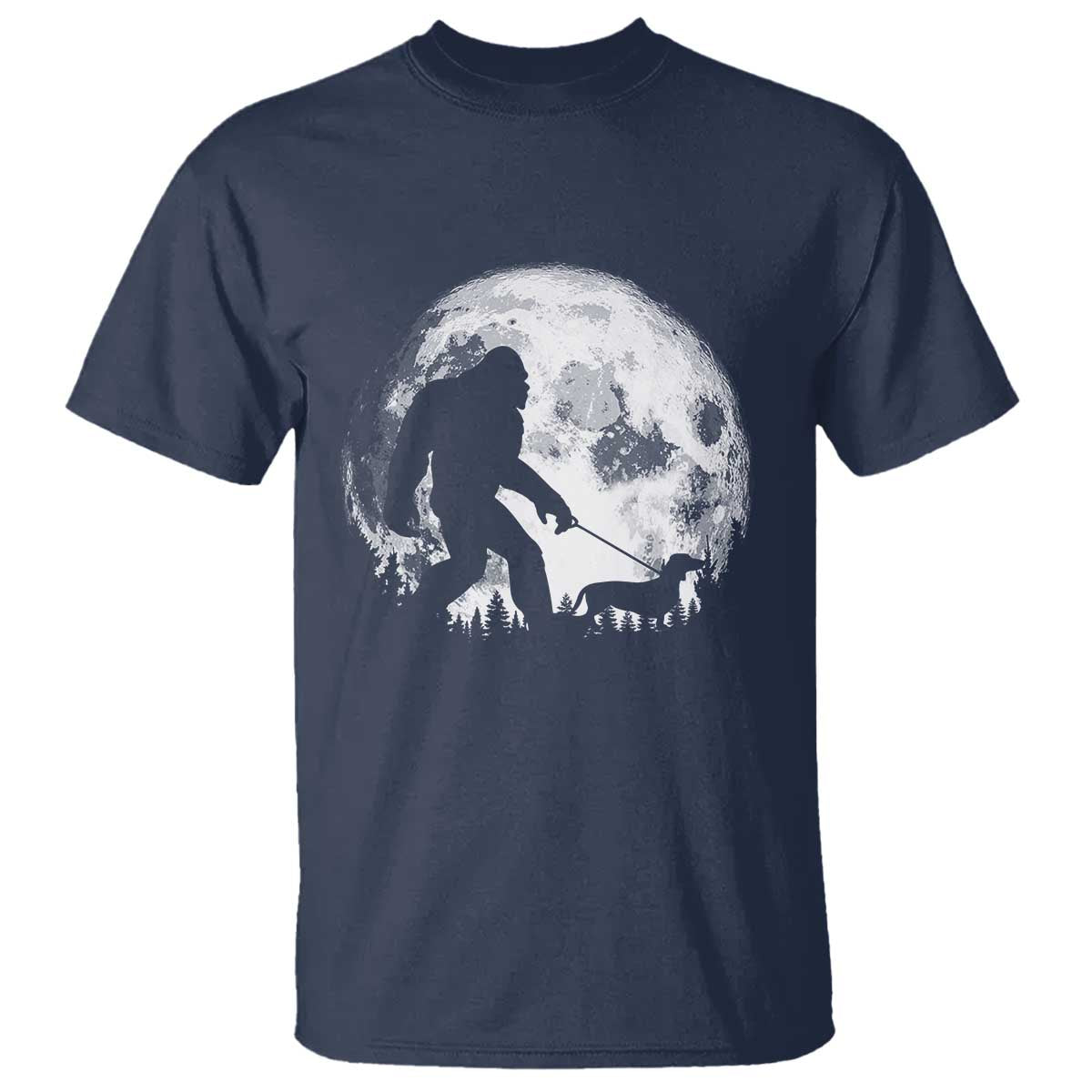 Bigfoot Walking Dachshund T Shirt Funny Doxie Wiener Sasquatch Night Stroll Full Moon - Wonder Print Shop