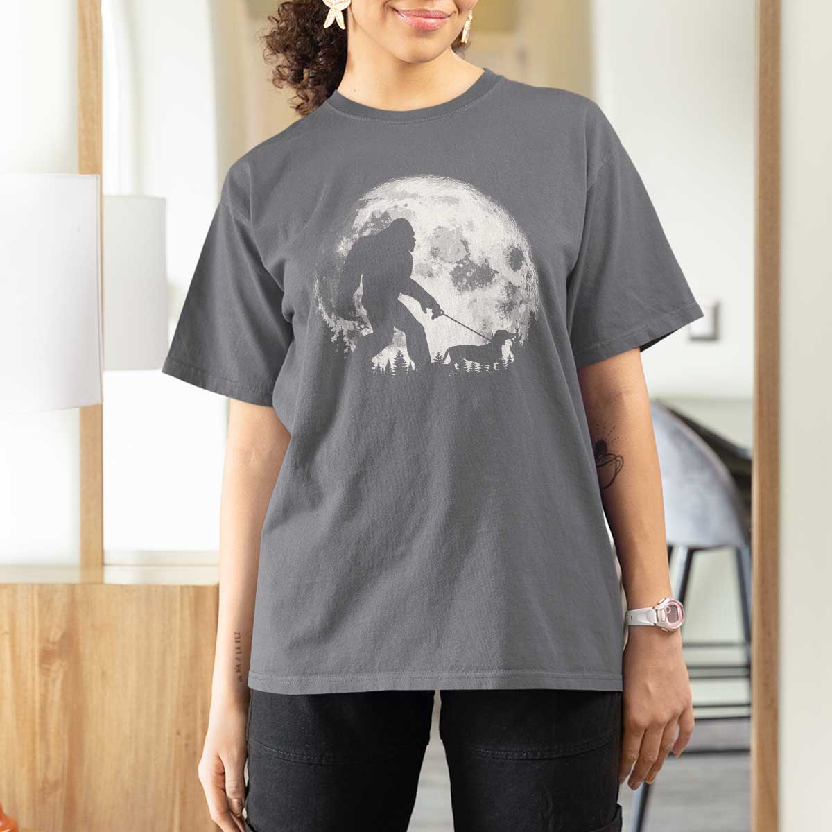 Bigfoot Walking Dachshund T Shirt For Women Funny Doxie Wiener Sasquatch Night Stroll Full Moon - Wonder Print Shop