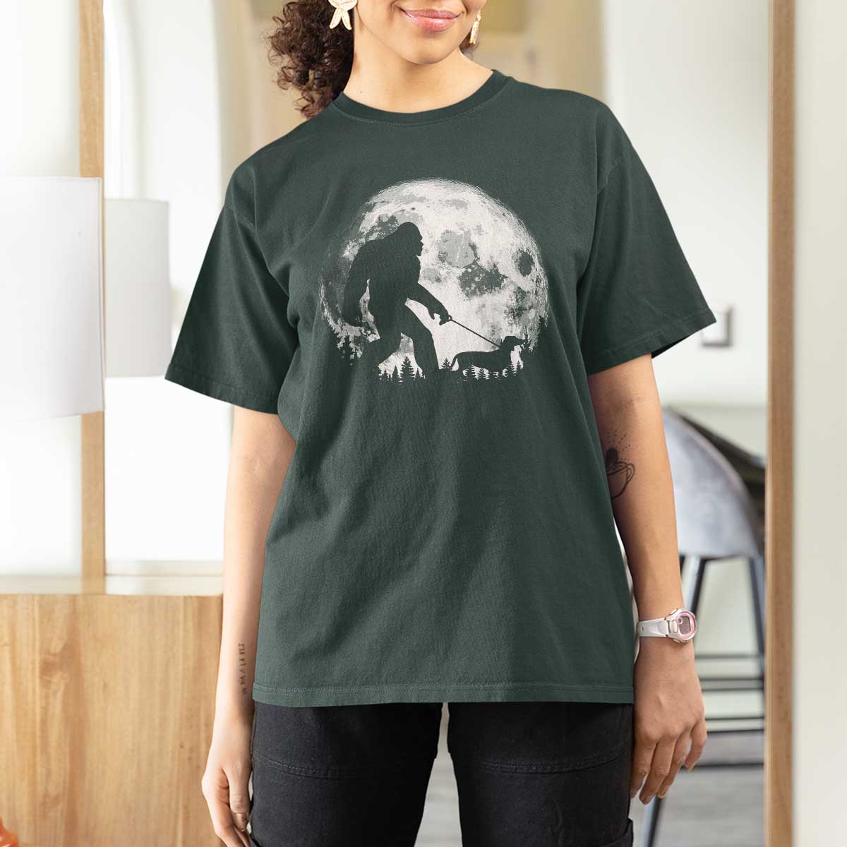 Bigfoot Walking Dachshund T Shirt For Women Funny Doxie Wiener Sasquatch Night Stroll Full Moon - Wonder Print Shop