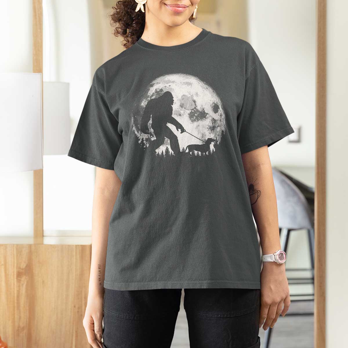 Bigfoot Walking Dachshund T Shirt For Women Funny Doxie Wiener Sasquatch Night Stroll Full Moon - Wonder Print Shop