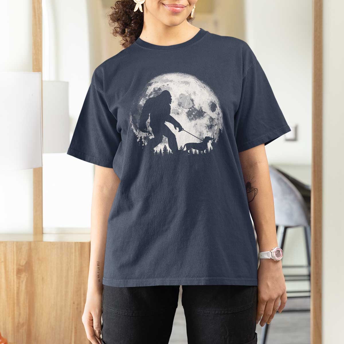 Bigfoot Walking Dachshund T Shirt For Women Funny Doxie Wiener Sasquatch Night Stroll Full Moon - Wonder Print Shop