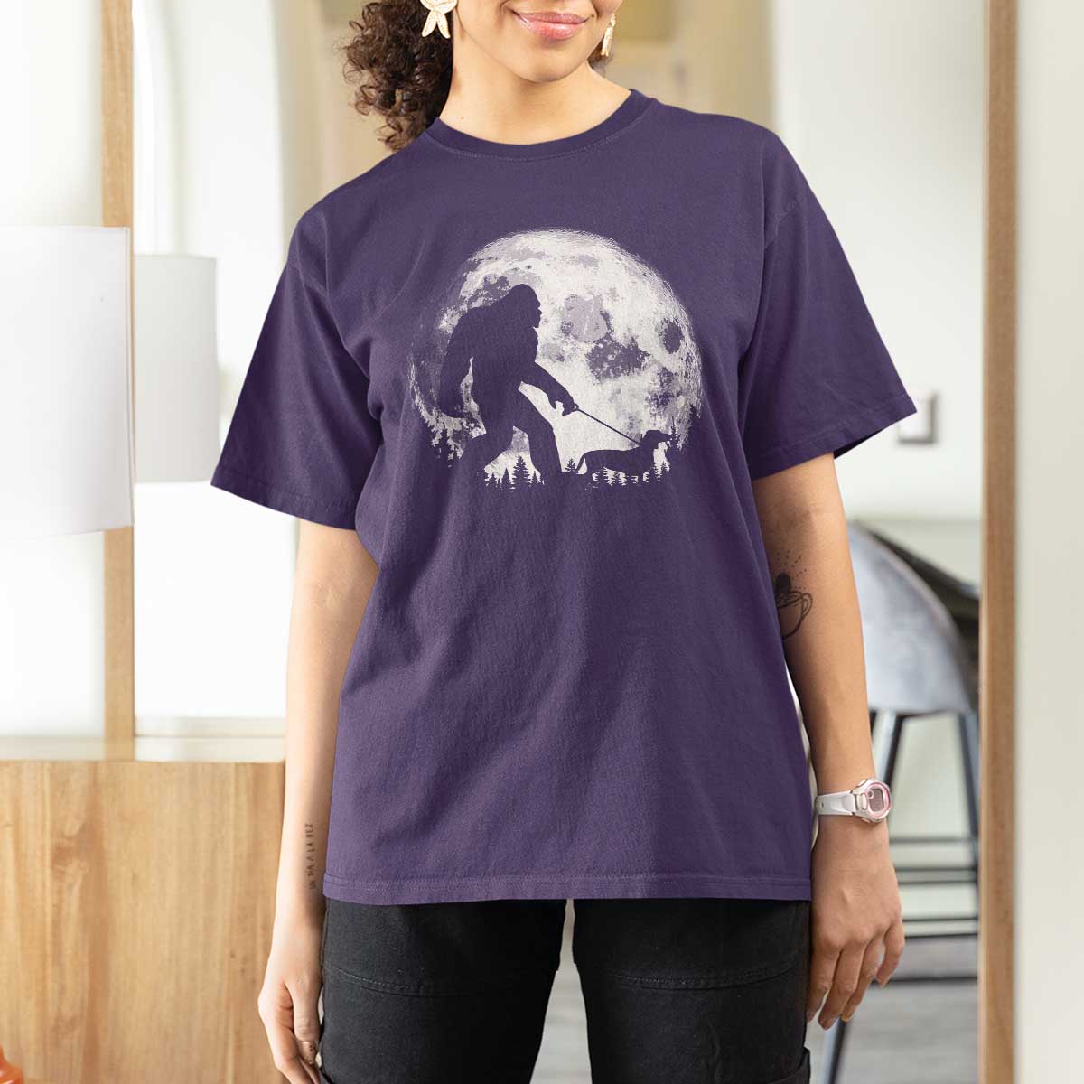 Bigfoot Walking Dachshund T Shirt For Women Funny Doxie Wiener Sasquatch Night Stroll Full Moon - Wonder Print Shop