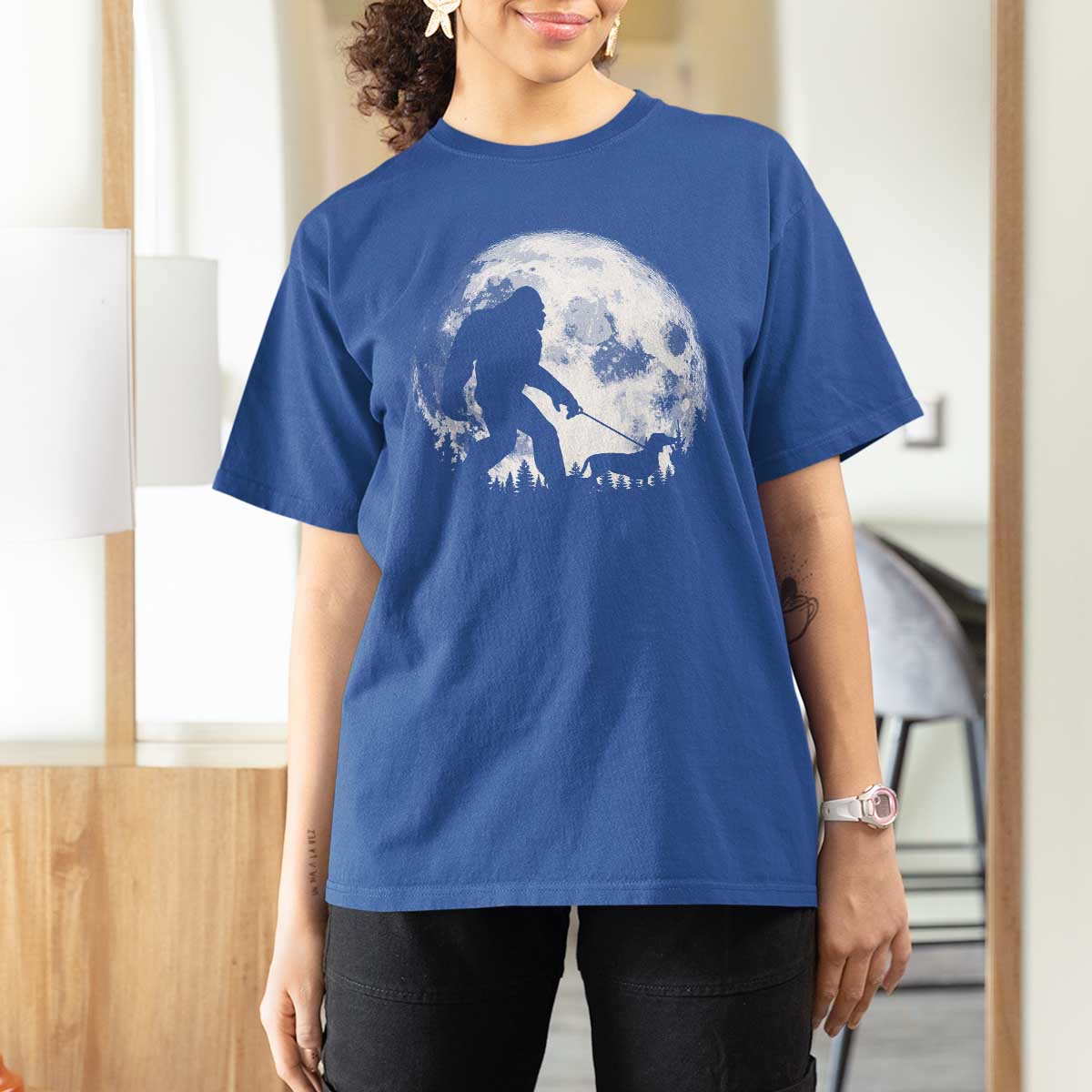 Bigfoot Walking Dachshund T Shirt For Women Funny Doxie Wiener Sasquatch Night Stroll Full Moon - Wonder Print Shop
