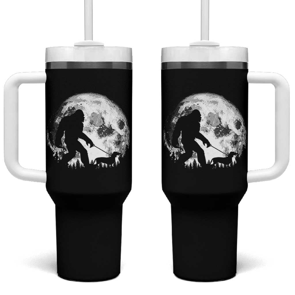 Bigfoot Walking Dachshund Tumbler With Handle Funny Doxie Wiener Sasquatch Night Stroll Full Moon - Wonder Print Shop