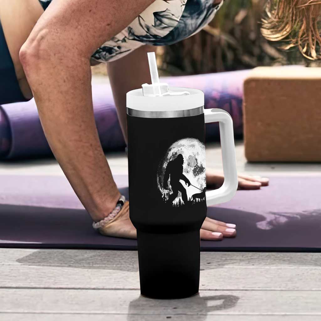 Bigfoot Walking Dachshund Tumbler With Handle Funny Doxie Wiener Sasquatch Night Stroll Full Moon - Wonder Print Shop