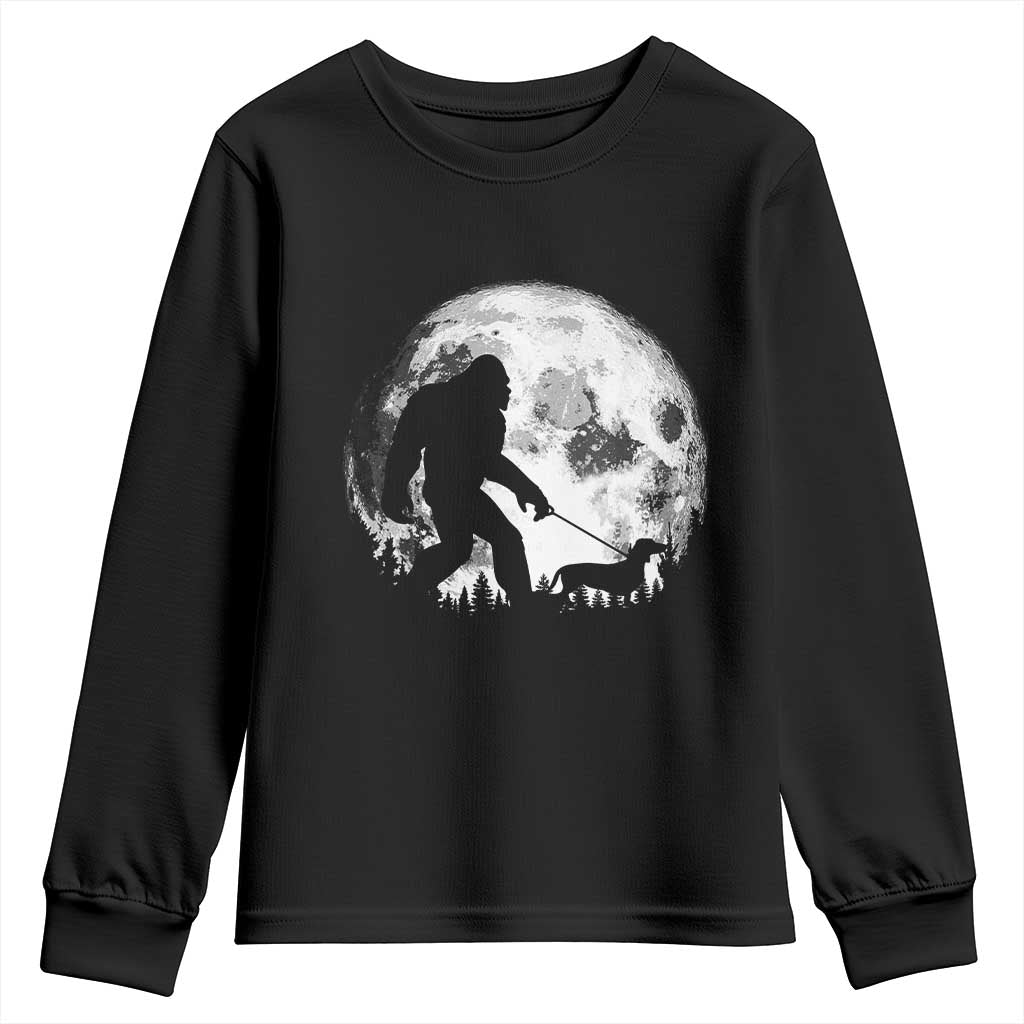 Bigfoot Walking Dachshund Youth Sweatshirt Funny Doxie Wiener Sasquatch Night Stroll Full Moon - Wonder Print Shop