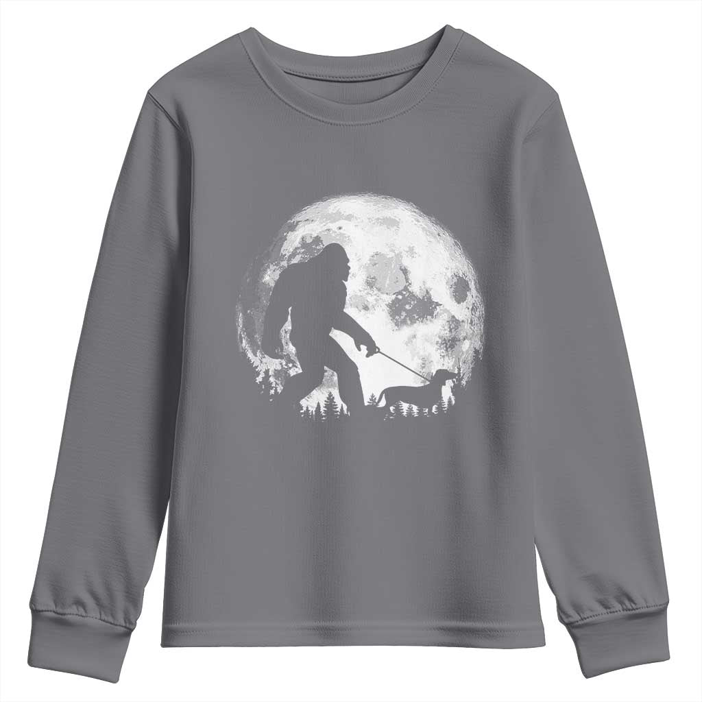 Bigfoot Walking Dachshund Youth Sweatshirt Funny Doxie Wiener Sasquatch Night Stroll Full Moon - Wonder Print Shop