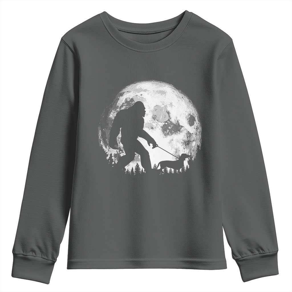 Bigfoot Walking Dachshund Youth Sweatshirt Funny Doxie Wiener Sasquatch Night Stroll Full Moon - Wonder Print Shop