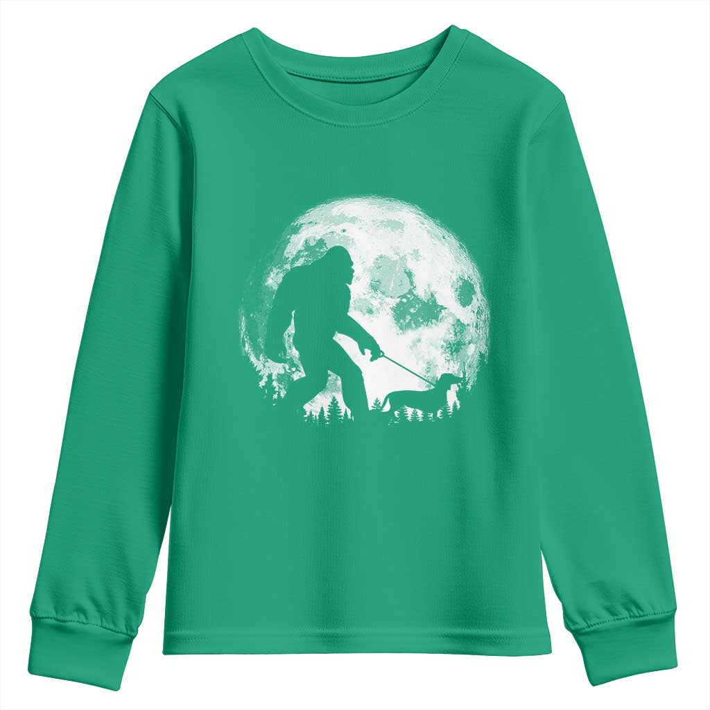 Bigfoot Walking Dachshund Youth Sweatshirt Funny Doxie Wiener Sasquatch Night Stroll Full Moon - Wonder Print Shop