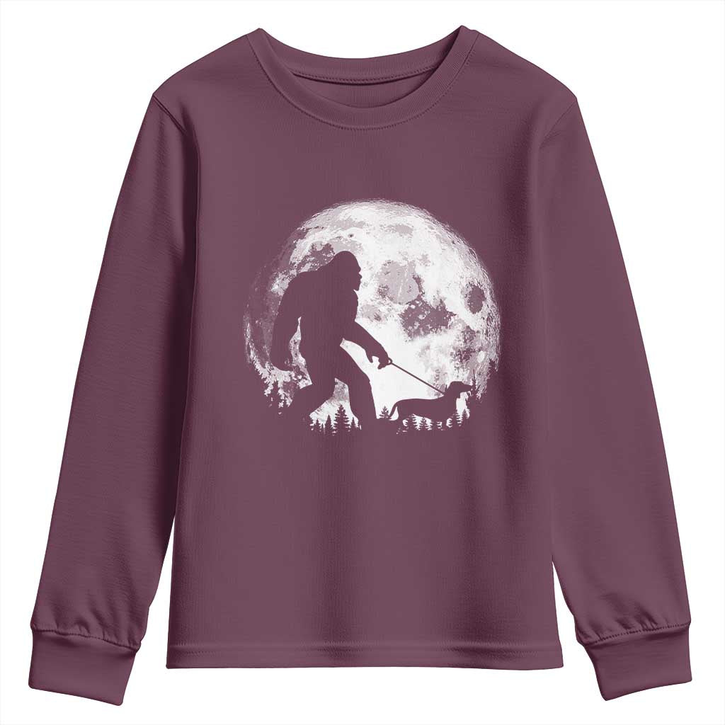 Bigfoot Walking Dachshund Youth Sweatshirt Funny Doxie Wiener Sasquatch Night Stroll Full Moon - Wonder Print Shop