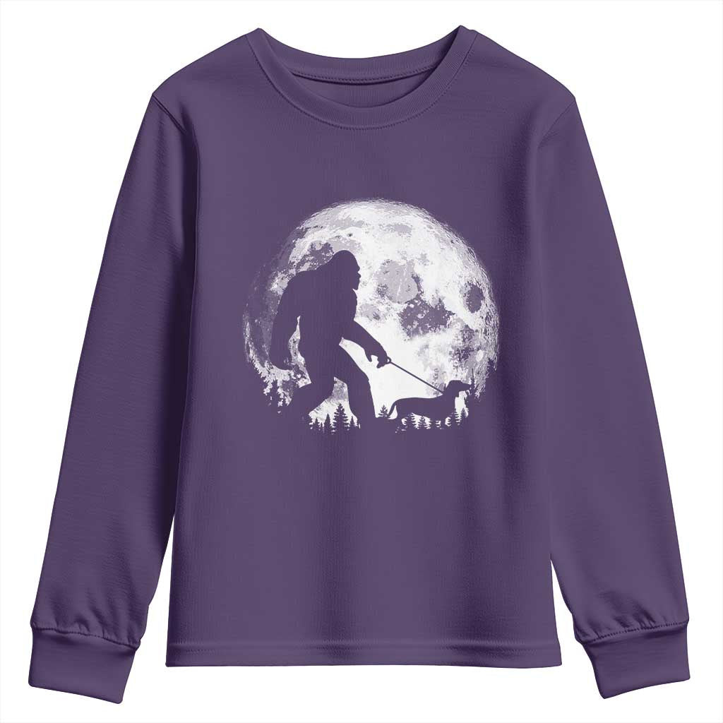 Bigfoot Walking Dachshund Youth Sweatshirt Funny Doxie Wiener Sasquatch Night Stroll Full Moon - Wonder Print Shop