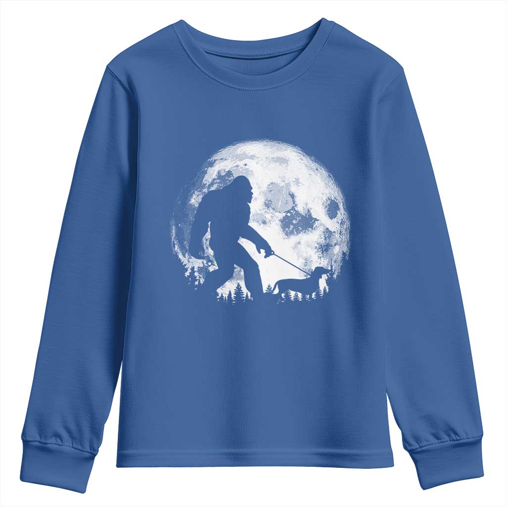Bigfoot Walking Dachshund Youth Sweatshirt Funny Doxie Wiener Sasquatch Night Stroll Full Moon - Wonder Print Shop