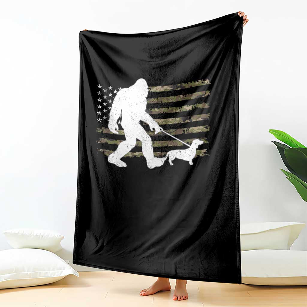 Bigfoot Walking Dachshund Throw Blanket Sasquatch Camo American Flag USA Military Patriotic - Wonder Print Shop