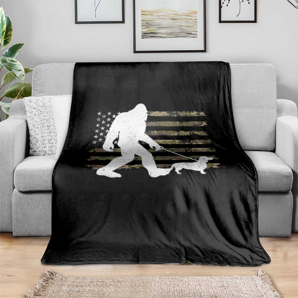 Bigfoot Walking Dachshund Throw Blanket Sasquatch Camo American Flag USA Military Patriotic - Wonder Print Shop