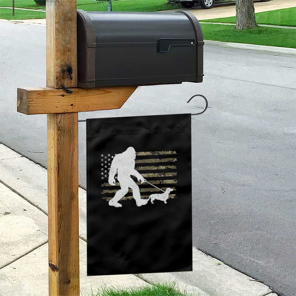 Bigfoot Walking Dachshund Garden Flag Sasquatch Camo American Flag USA Military Patriotic - Wonder Print Shop