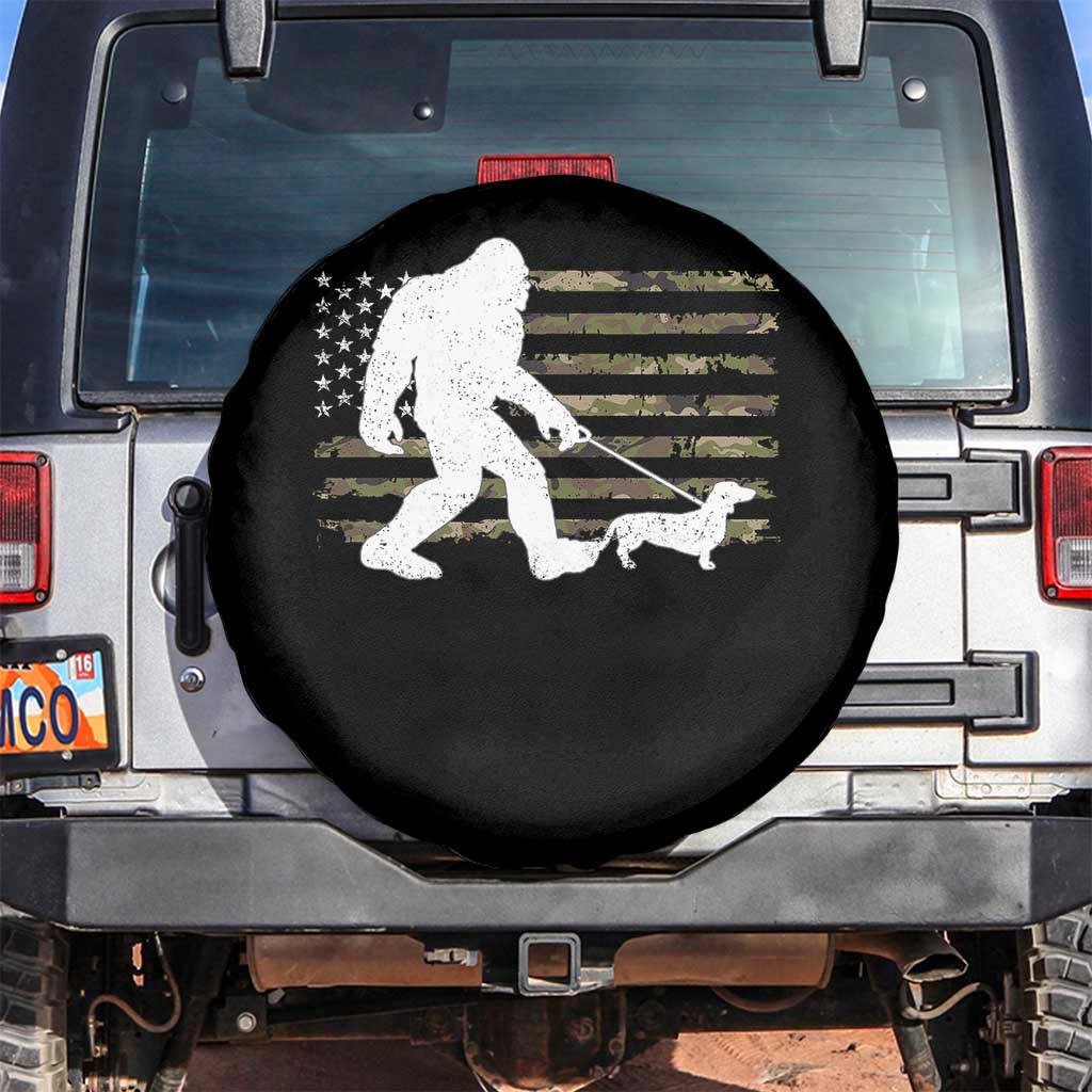 Bigfoot Walking Dachshund Spare Tire Cover Sasquatch Camo American Flag USA Military Patriotic - Wonder Print Shop
