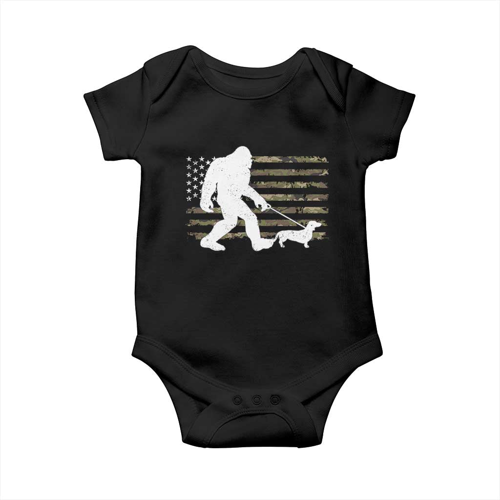 Bigfoot Walking Dachshund Baby Onesie Sasquatch Camo American Flag USA Military Patriotic - Wonder Print Shop