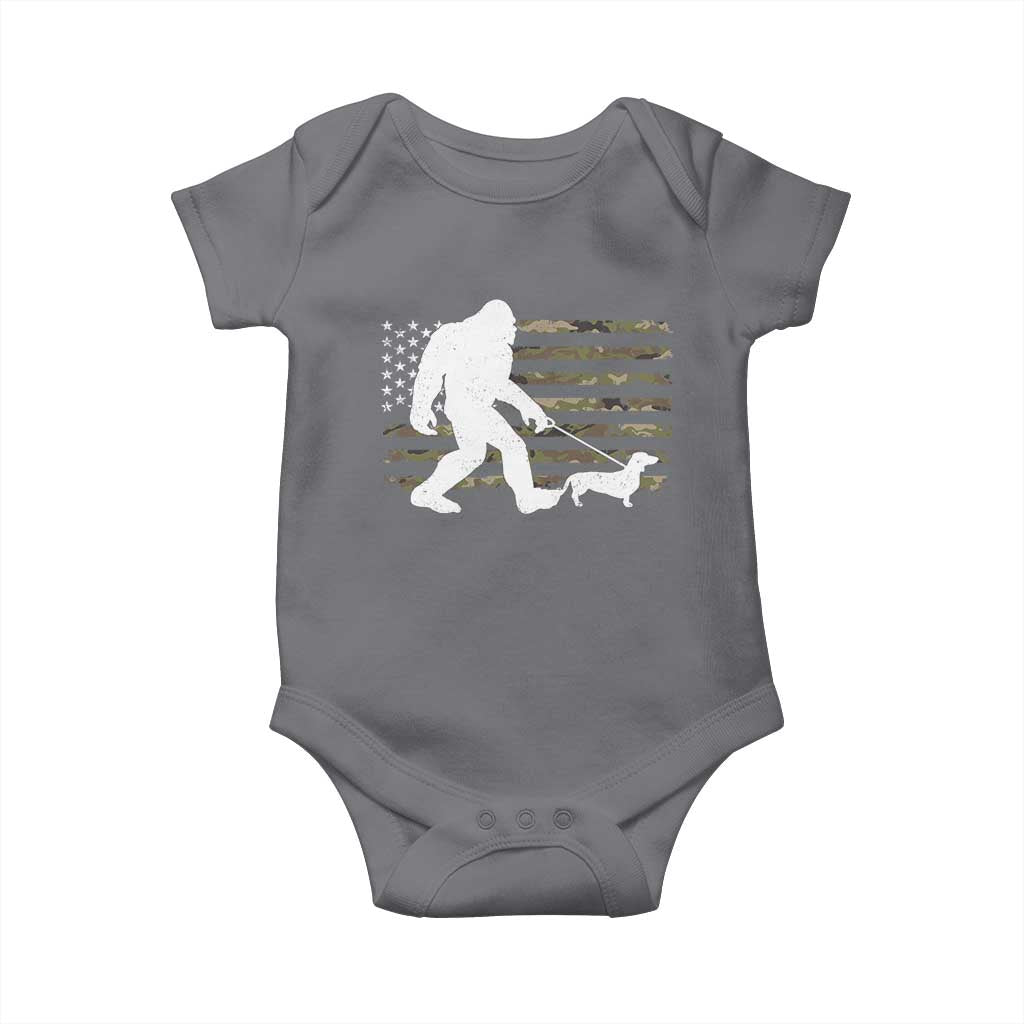 Bigfoot Walking Dachshund Baby Onesie Sasquatch Camo American Flag USA Military Patriotic - Wonder Print Shop