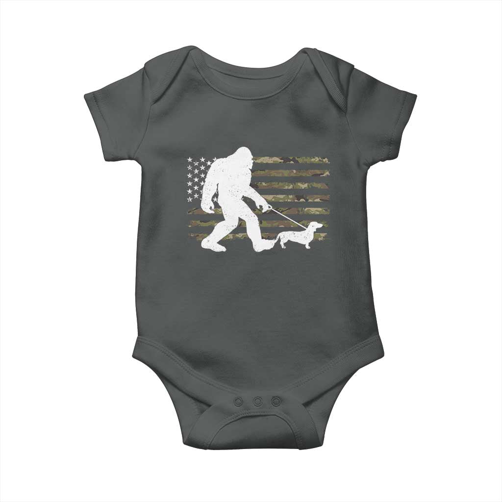 Bigfoot Walking Dachshund Baby Onesie Sasquatch Camo American Flag USA Military Patriotic - Wonder Print Shop