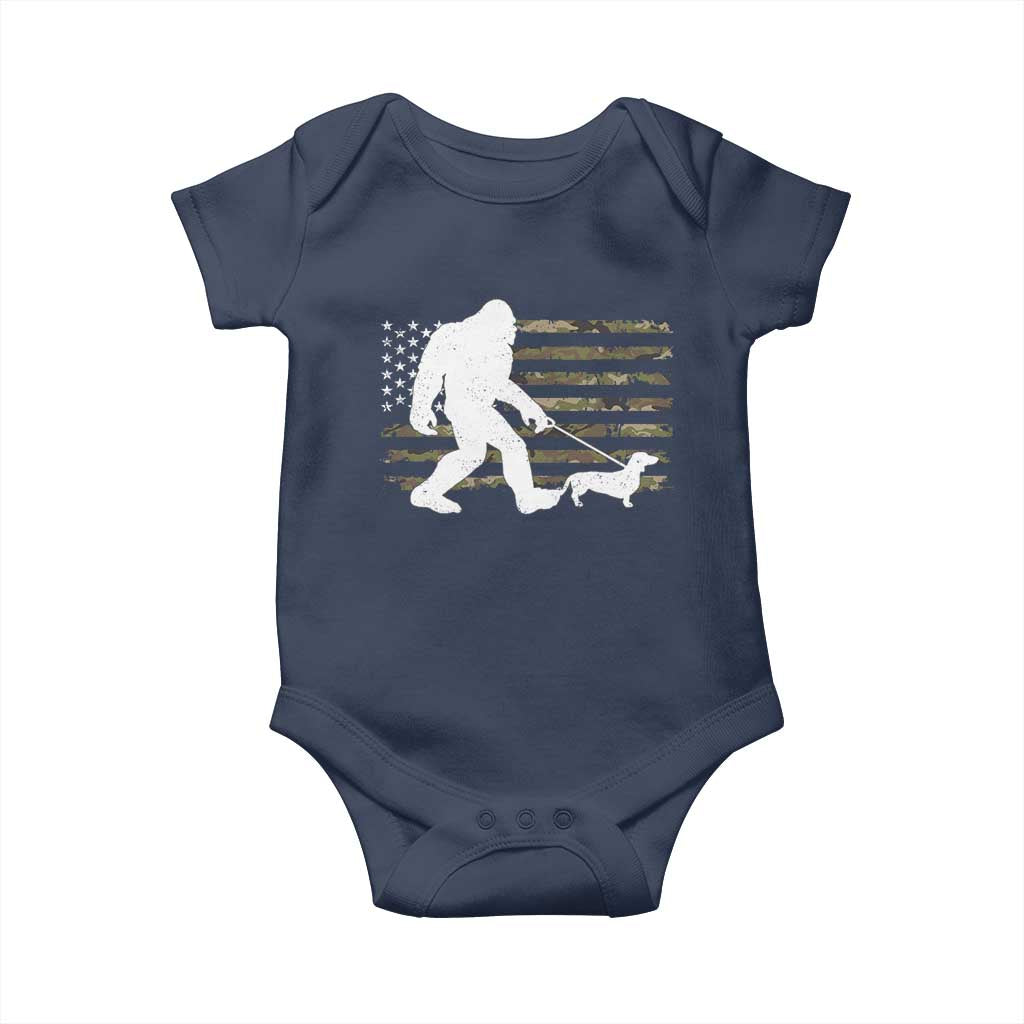 Bigfoot Walking Dachshund Baby Onesie Sasquatch Camo American Flag USA Military Patriotic - Wonder Print Shop