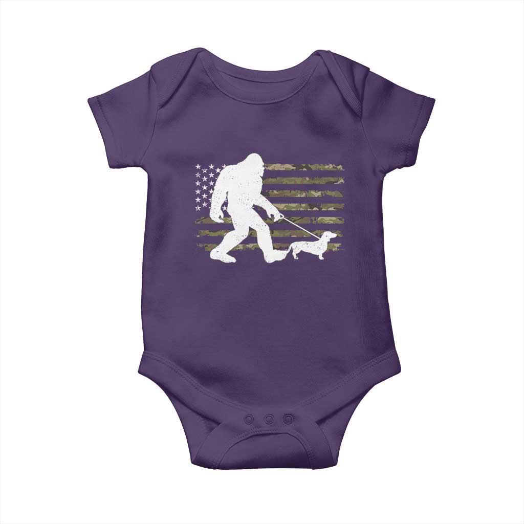 Bigfoot Walking Dachshund Baby Onesie Sasquatch Camo American Flag USA Military Patriotic - Wonder Print Shop