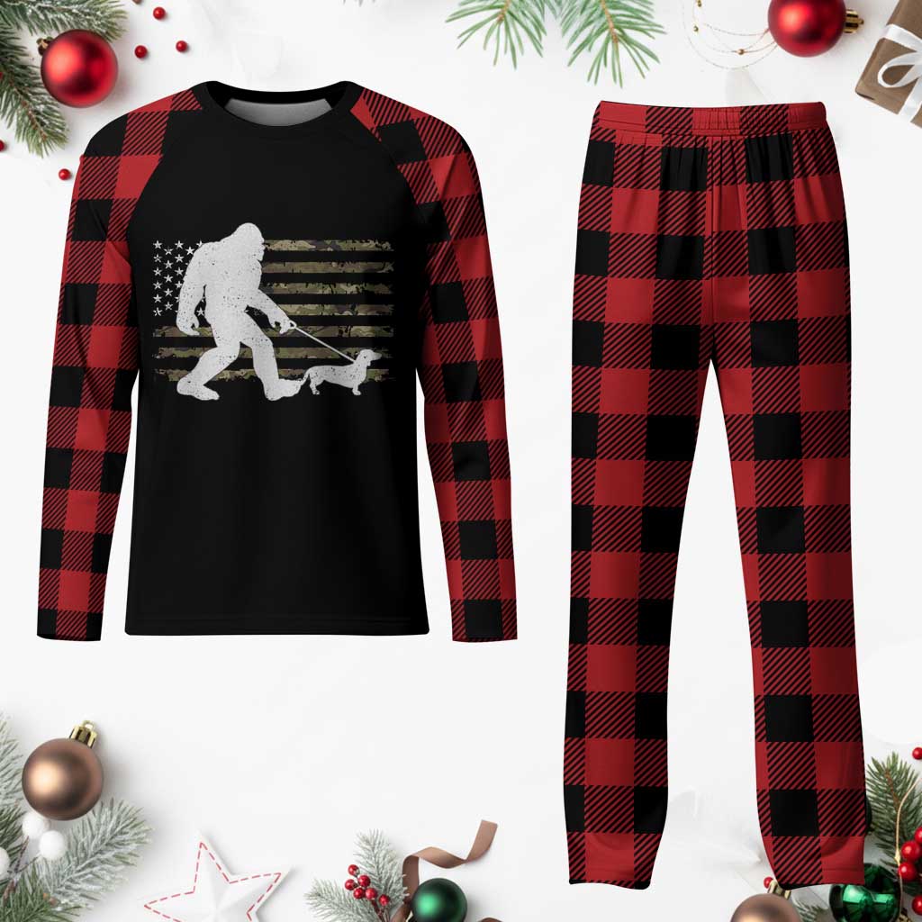 Bigfoot Walking Dachshund Plaid Pajama Set Sasquatch Camo American Flag USA Military Patriotic - Wonder Print Shop