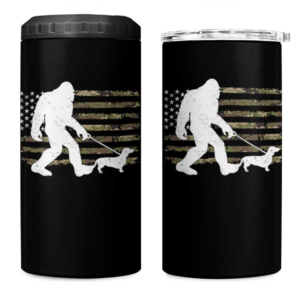 Bigfoot Walking Dachshund 4 in 1 Can Cooler Tumbler Sasquatch Camo American Flag USA Military Patriotic - Wonder Print Shop