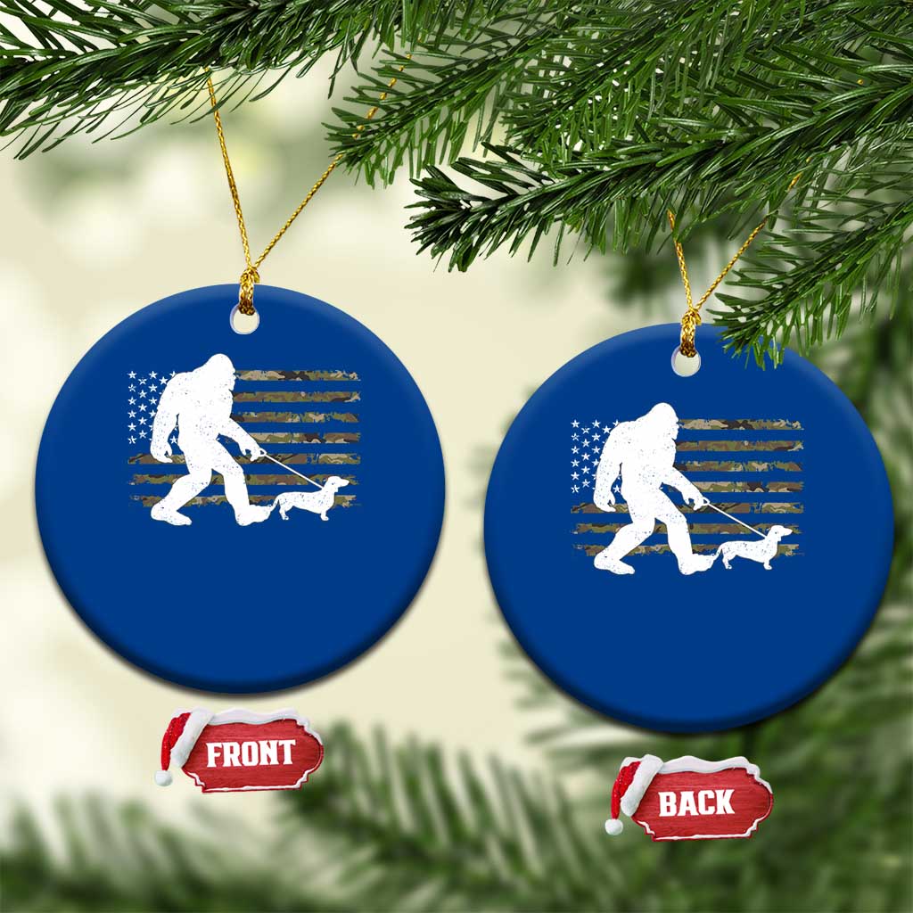 Bigfoot Walking Dachshund Ceramic Ornament Sasquatch Camo American Flag USA Military Patriotic - Wonder Print Shop