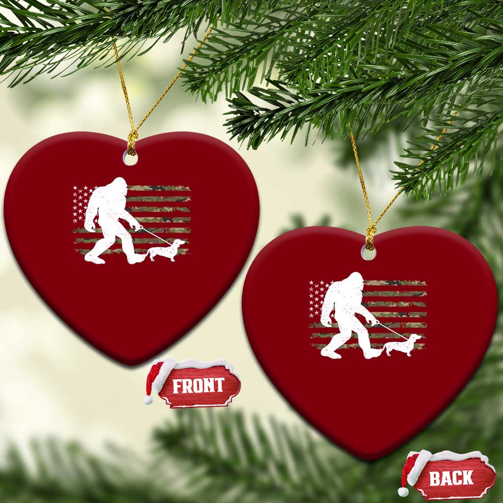 Bigfoot Walking Dachshund Ceramic Ornament Sasquatch Camo American Flag USA Military Patriotic - Wonder Print Shop