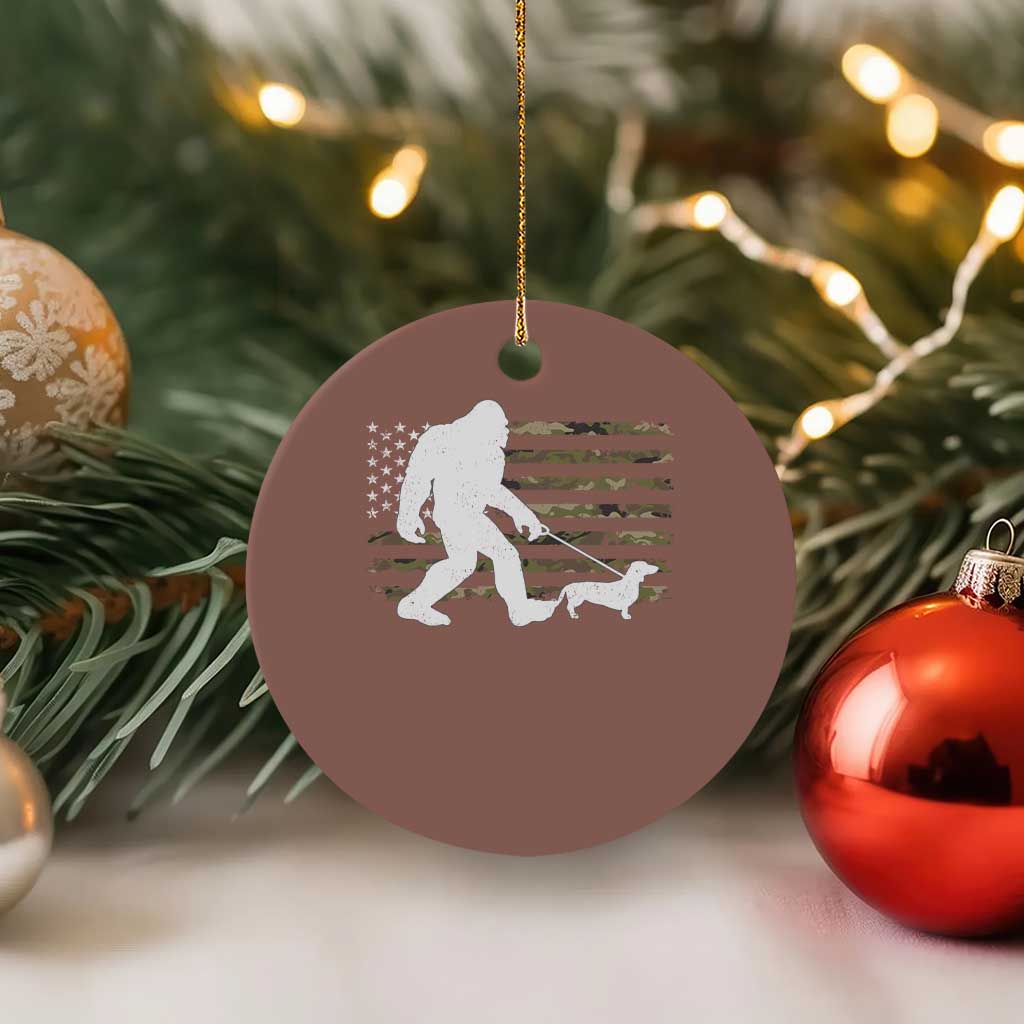 Bigfoot Walking Dachshund Ceramic Ornament Sasquatch Camo American Flag USA Military Patriotic - Wonder Print Shop