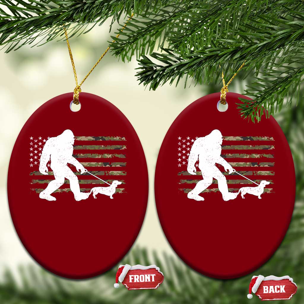Bigfoot Walking Dachshund Ceramic Ornament Sasquatch Camo American Flag USA Military Patriotic - Wonder Print Shop