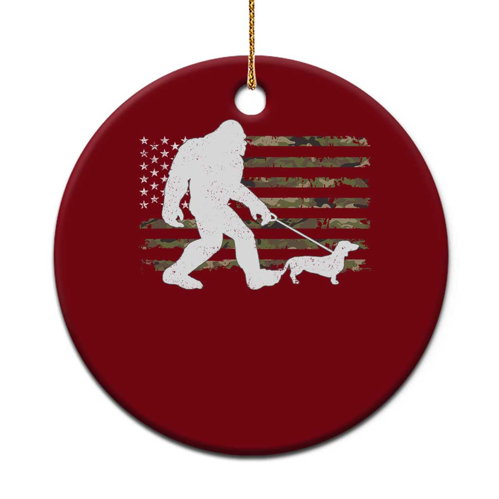 Bigfoot Walking Dachshund Ceramic Ornament Sasquatch Camo American Flag USA Military Patriotic - Wonder Print Shop