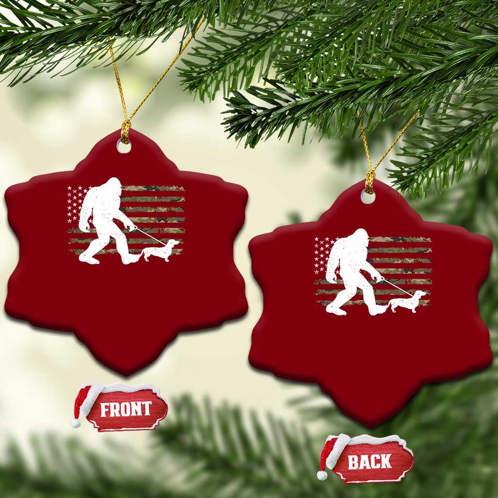 Bigfoot Walking Dachshund Ceramic Ornament Sasquatch Camo American Flag USA Military Patriotic - Wonder Print Shop