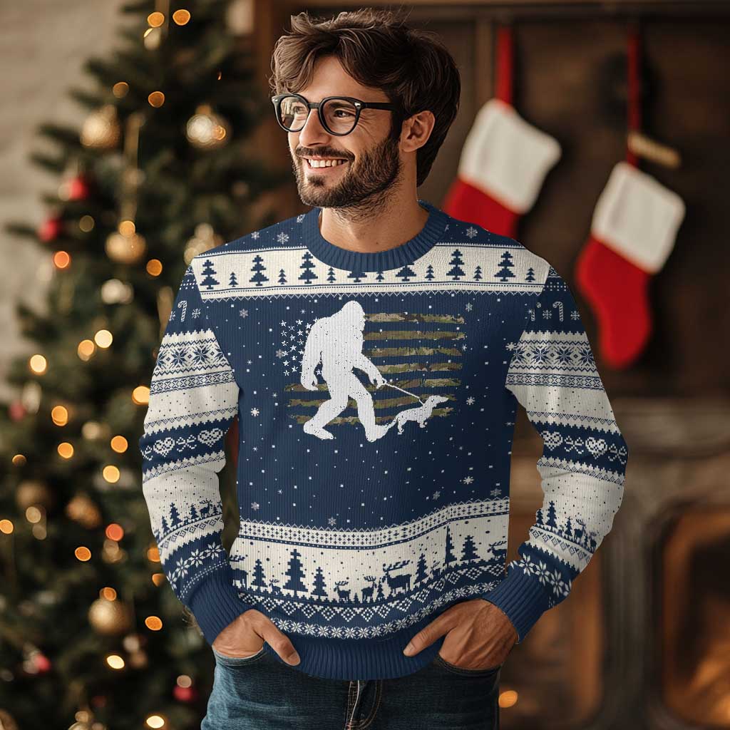 Bigfoot Walking Dachshund Ugly Christmas Sweater Sasquatch Camo American Flag USA Military Patriotic - Wonder Print Shop