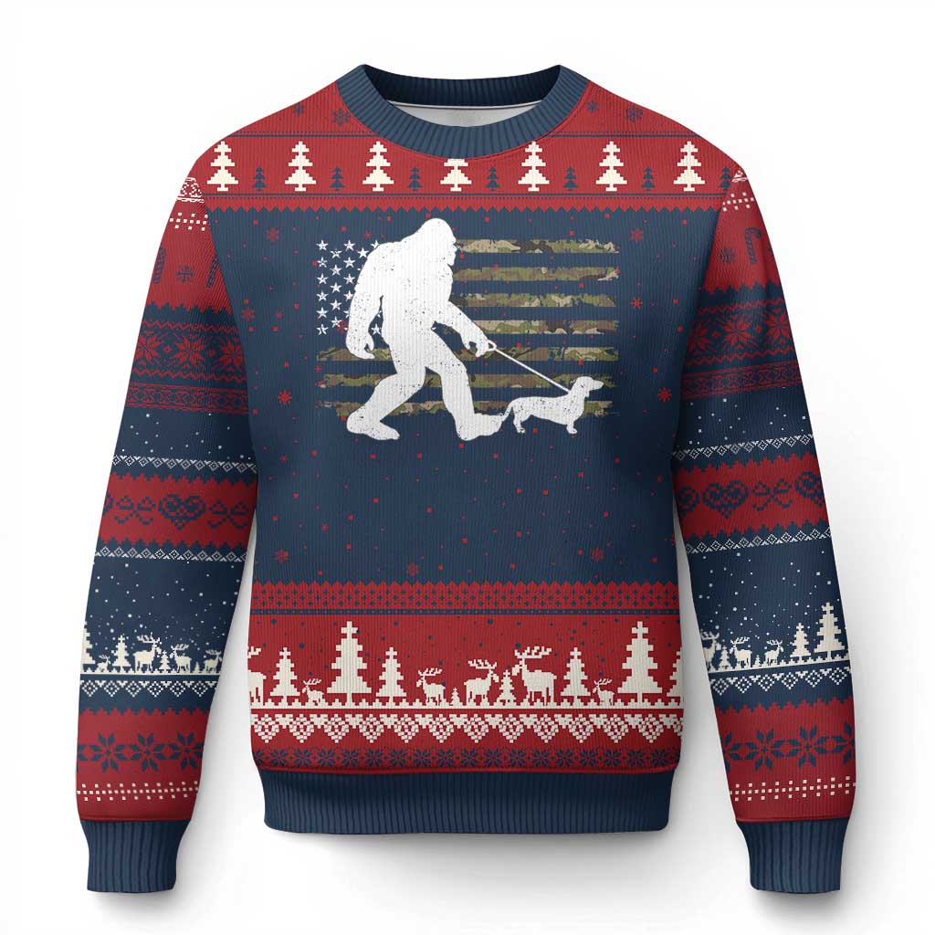 Bigfoot Walking Dachshund Ugly Christmas Sweater Sasquatch Camo American Flag USA Military Patriotic - Wonder Print Shop